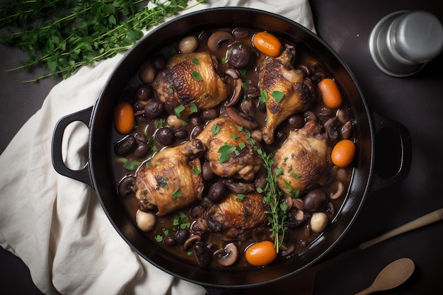 Coq au vin typical dish of French cuisine made with rooster meat and wine generative ai