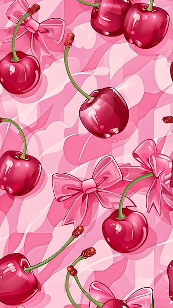 Coquette Cherry and Bow Pattern with Pink Bows Cute coquette cherries adorned with pink ribbon bows