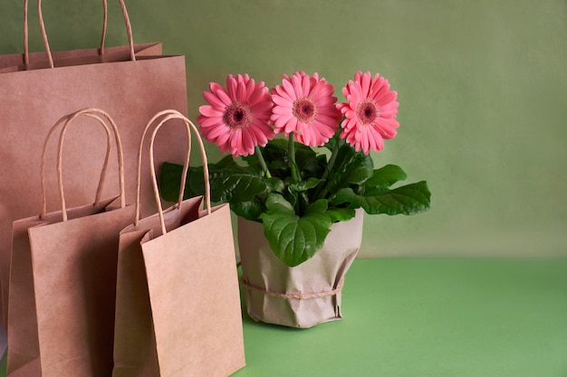 Coral gerbera daisy flowers and craft papper shopping bags