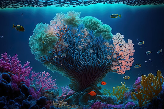 Coral reef in the background of a deep sea or ocean