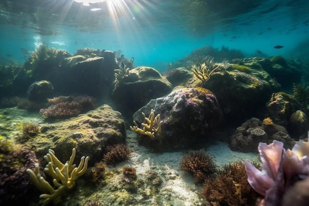 A coral reef is surrounded by a sunburst.