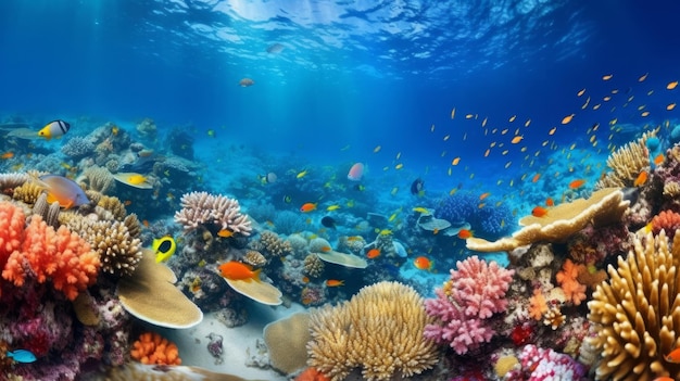 coral reef landscape super wide banner background in deep blue ocean Illustration AI Generative