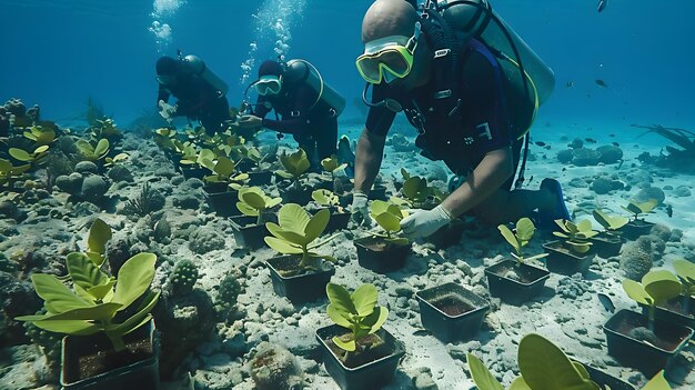 Photo coral reef project with divers planting lab grown corals and fish returning to habitat