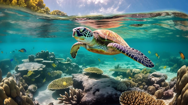 coral reef in the sea with a turtle