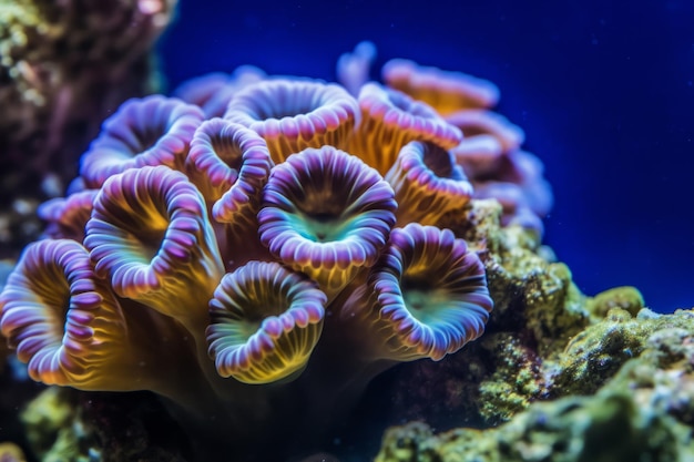 A coral reef with a blue background and a purple and blue coral.