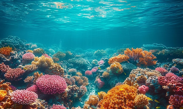 a coral reef with a blue ocean in the background