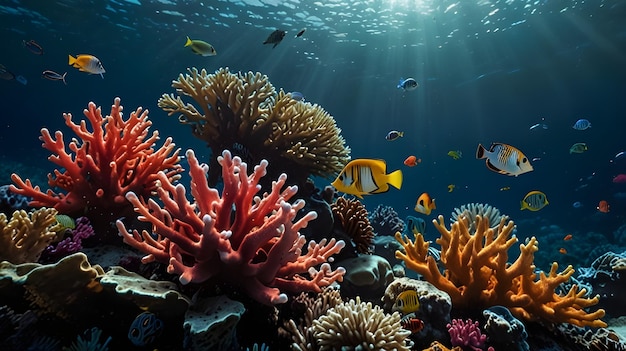 a coral reef with colorful fish and corals