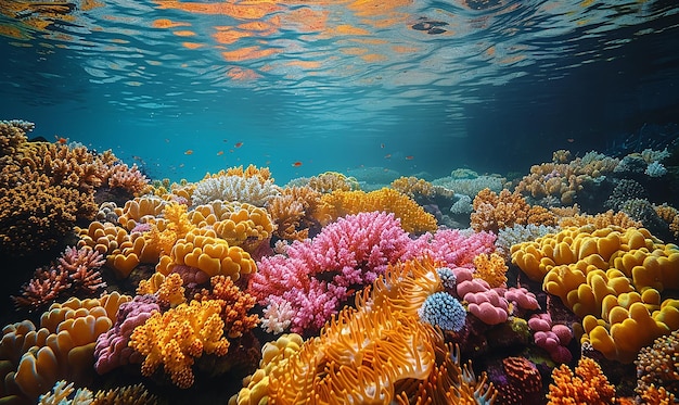 a coral reef with a diver swimming in the background