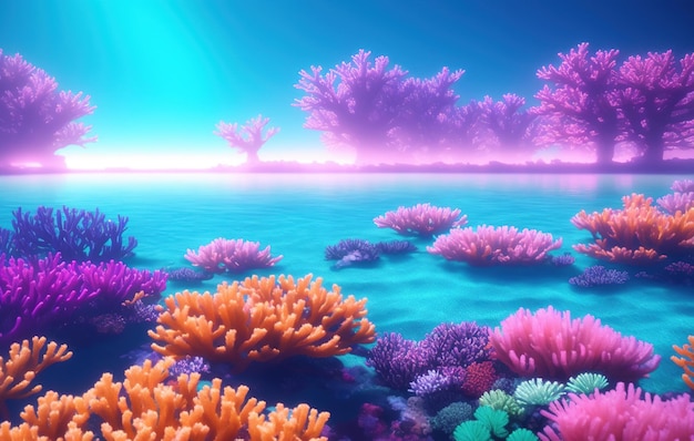 coral reef with fish, blue sea, underwater scene with reef