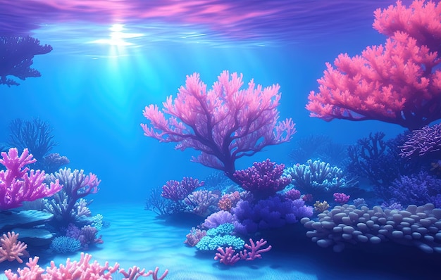 coral reef with fish, blue sea, underwater scene with reef