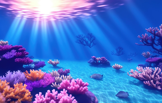 coral reef with fish, blue sea, underwater scene with reef