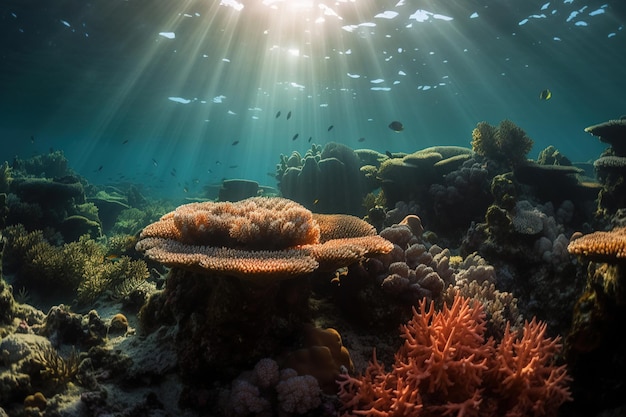 A coral reef with a fish swimming in the background