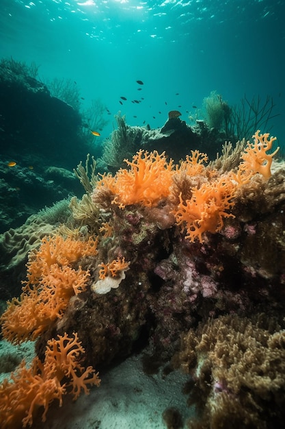 A coral reef with a fish swimming in the background.