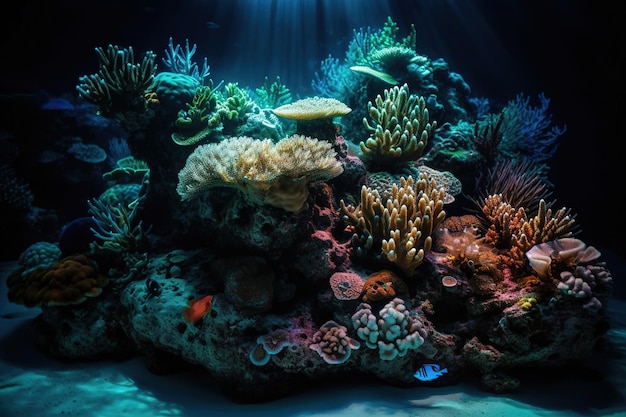 A coral reef with a fish swimming in it