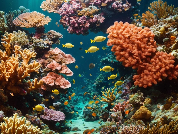 A coral reef with a fish swimming in it