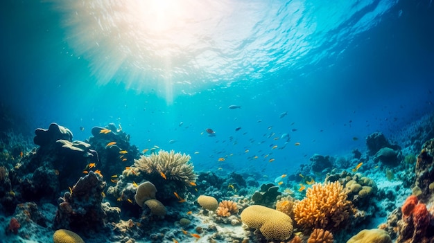 A coral reef with a fish swimming in the ocean