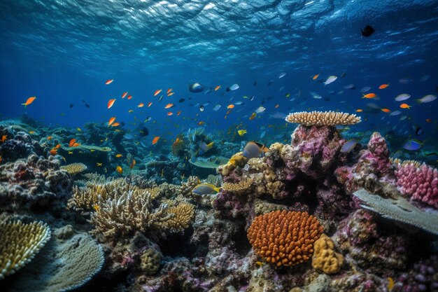 A coral reef with fish swimming in the ocean