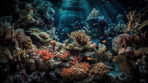 A coral reef with a fish tank in the background