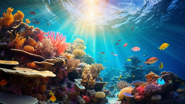 a coral reef with a large amount of fish swimming in it