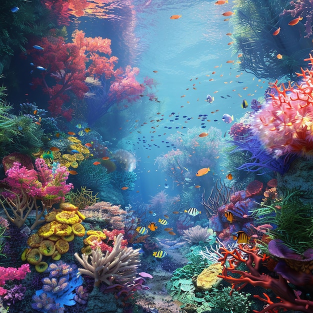 a coral reef with many different colored fish and corals