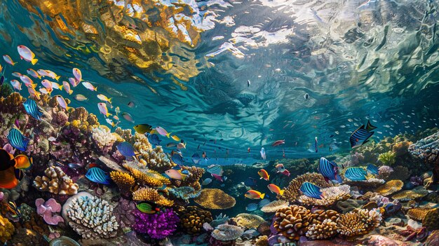 a coral reef with many different colored fish and corals