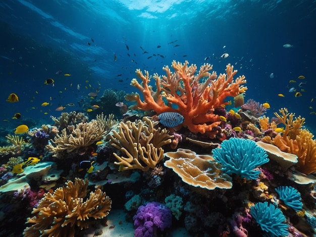 a coral reef with many small fish and corals