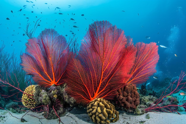 A coral reef with red fan shaped sea fans underwater photography