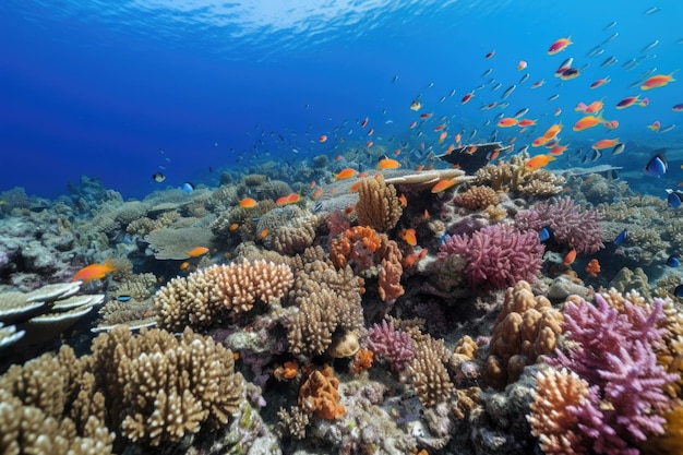 Coral reef with schools of tropical fish swimming among colorful corals created with generative ai