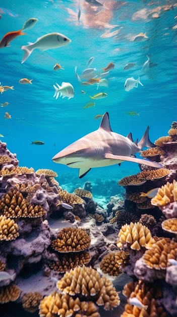 a coral reef with a shark swimming in the water