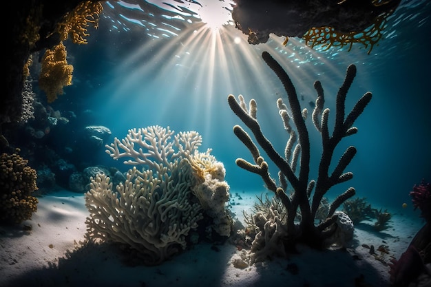 A coral reef with the sun shining through the water