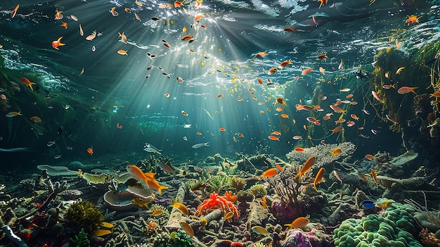 Photo a coral reef with a sunburst of light shining through the water