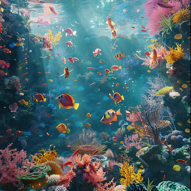 a coral reef with tropical fish and corals in the background