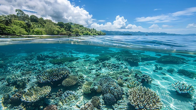 a coral reef with a tropical island in the background