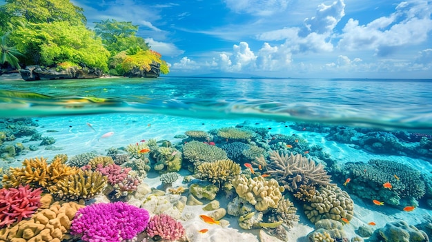 coral reef with a tropical island in the background