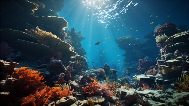 a coral reef with a variety of corals and fish