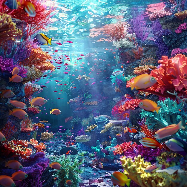 a coral reef with various colorful tropical fish and corals