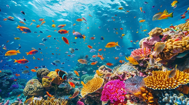 a coral reef with various tropical fish and corals