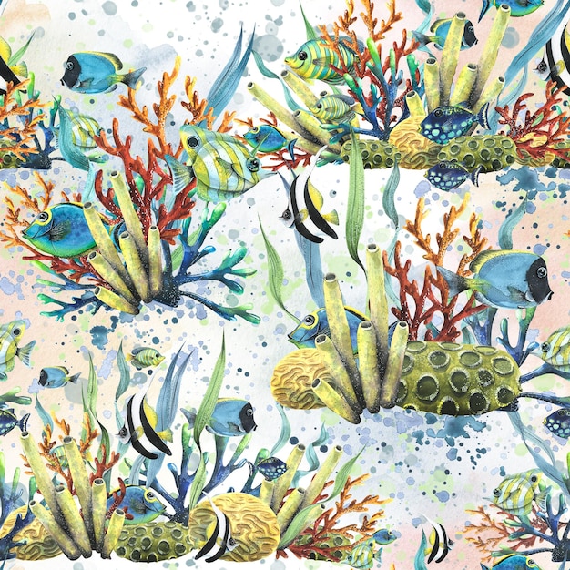 Coral reefs with algae waves of water fish sea sponges bubbles Watercolor illustration Seamless pattern on a blue background from the collection of TROPICAL FISH For fabric wallpaper textiles