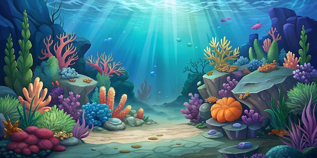 Corals and algae underwater world sea bottom cartoon background