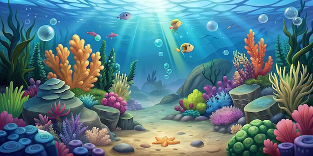 Corals and algae underwater world sea bottom cartoon background