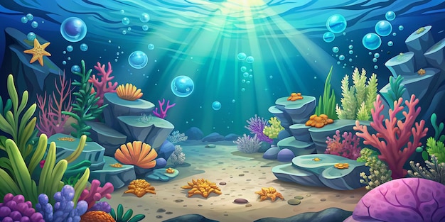 Corals and algae underwater world sea bottom cartoon background