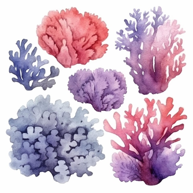 Corals hand painted in watercolor on a white background.