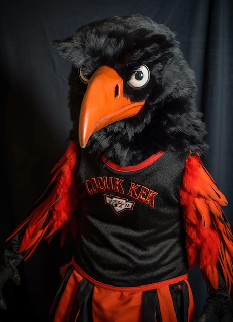 A corfe kex mascot wearing a black shirt with the word corfe on it.