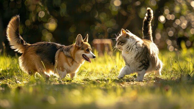 Corgi and cat playing in sunlit grass