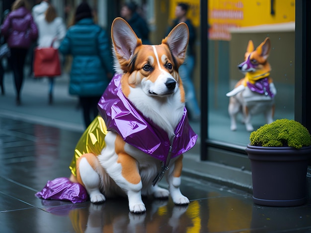 corgi dog in a colored raincoat outdoors in the rain AI generated