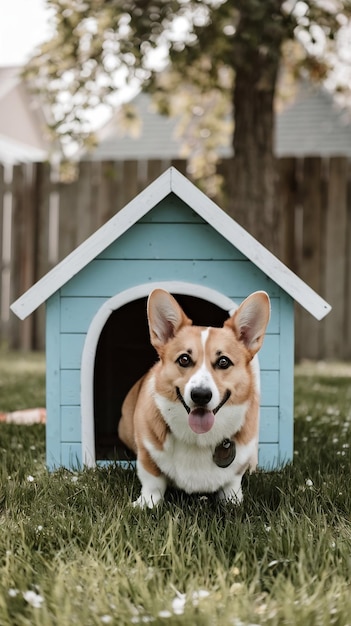 Corgi dog in a dog house on the yard at summer