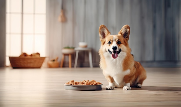 Corgi dog eagerly awaits meal beside a food bowl in a cozy home setting Created with generative AI tools