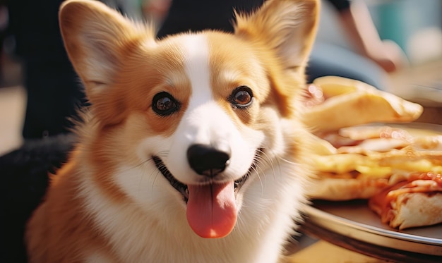 Corgi dog eagerly eyes a hot dog on a cafe table Created with generative AI tools