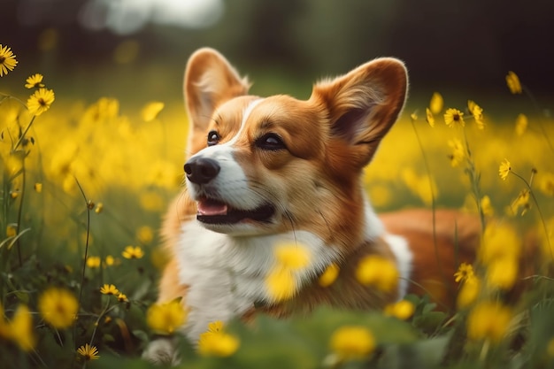 Corgi dog in a field of yellow flowers