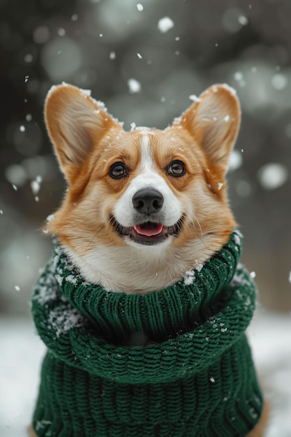 Photo corgi dog in green sweater enjoying snow fall outdoor cozy winter concept pet clothing and handmade knitting concept copy space